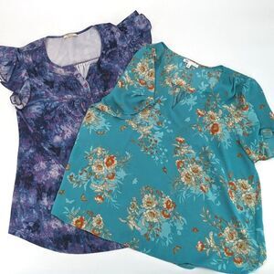 Colorful Blue Green Floral Tie Dye Flowy Lightweight Short Sleeve Tops Size XL